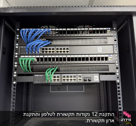 ארון תקשורת עם כבלים כחולים וירוקים מחוברים למתגים